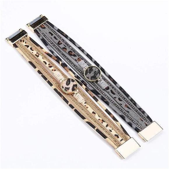 Leopard Bracelet for Women, Boho Leather Wrap Multi-Layer Pearl Crystal Bracelet - Picture 2 of 6